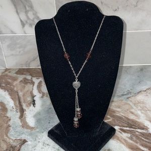 Silver Tone Antique Finish Heart Tassel Necklace with Purple Beads & Crystals